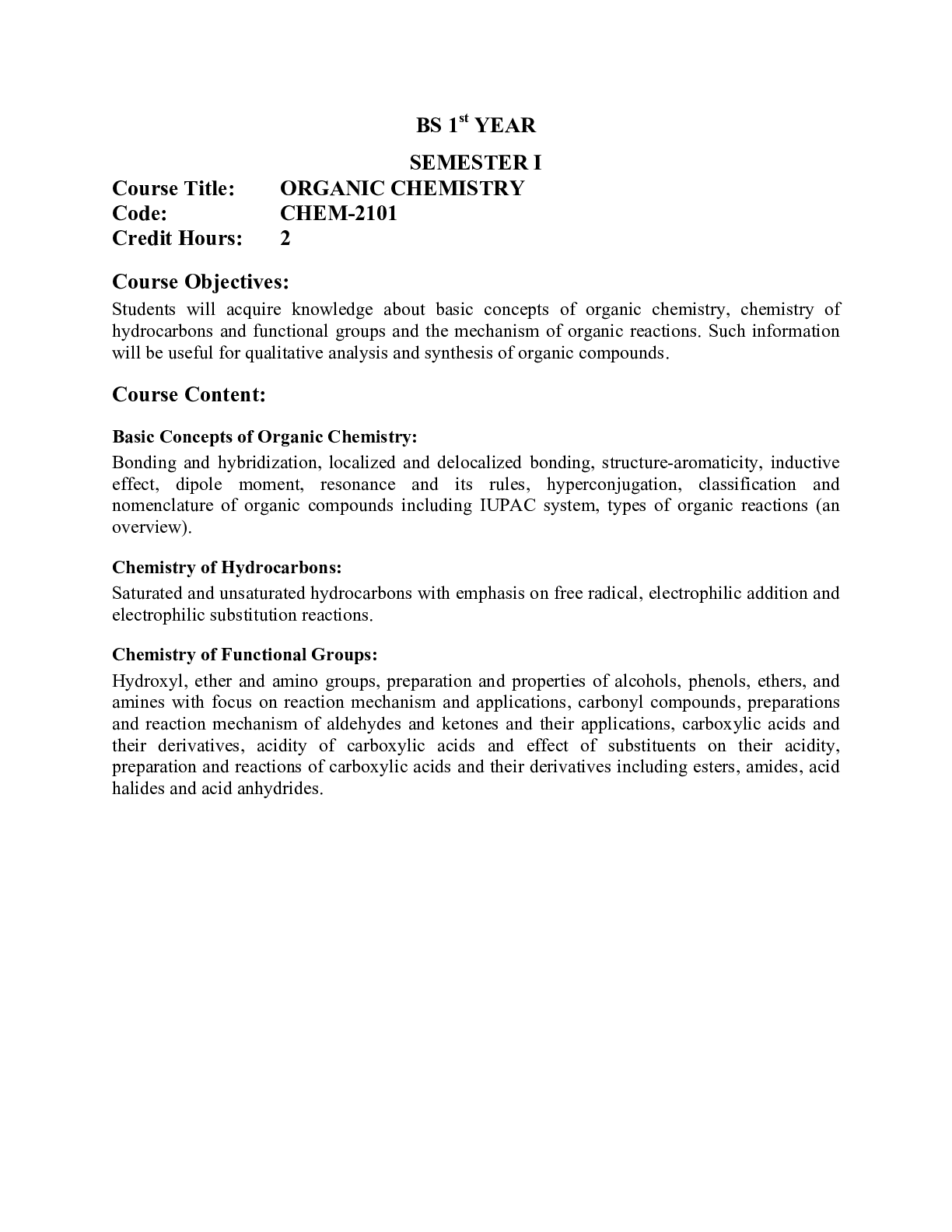 Preview image for Bs 1st year semester i course title organic chemistry